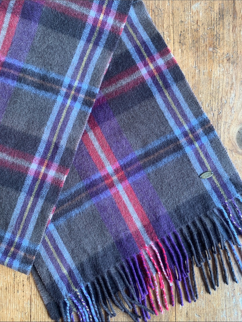 Mountain Horse Wool Blend Plaid Fringe Wool Blend Scarf in Gray, Purple & Red